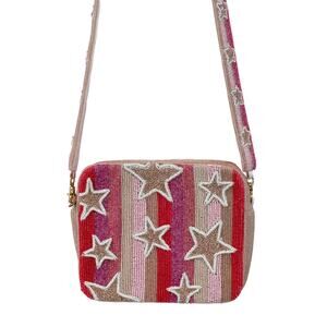 Tiana NY Beaded Stars Crossbody Clutch Box Bag Pink Gold White 3D Handmade